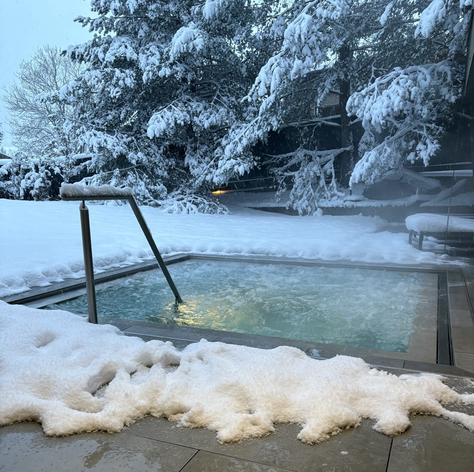 Außenpool im Schnee mit verschneiten Bäumen – MONTAFONLodge